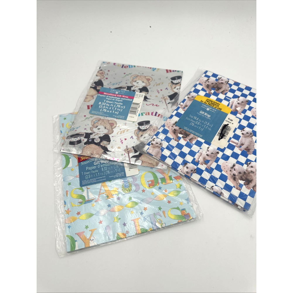 3 Vintage Forget Me Not Gift Wrap Packs Puppy, Bears And It’s A Boy